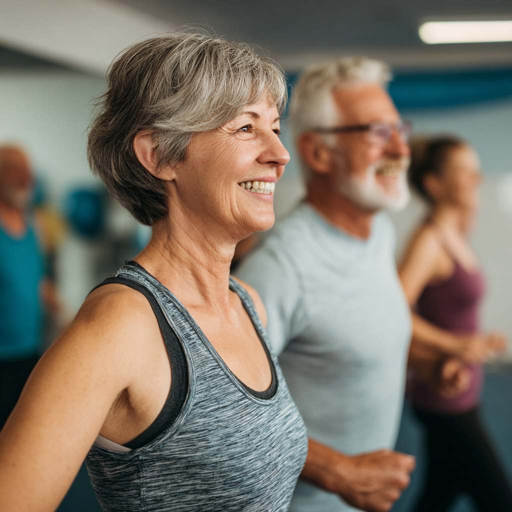 Middle-aged adults participating in gentle fitness activities